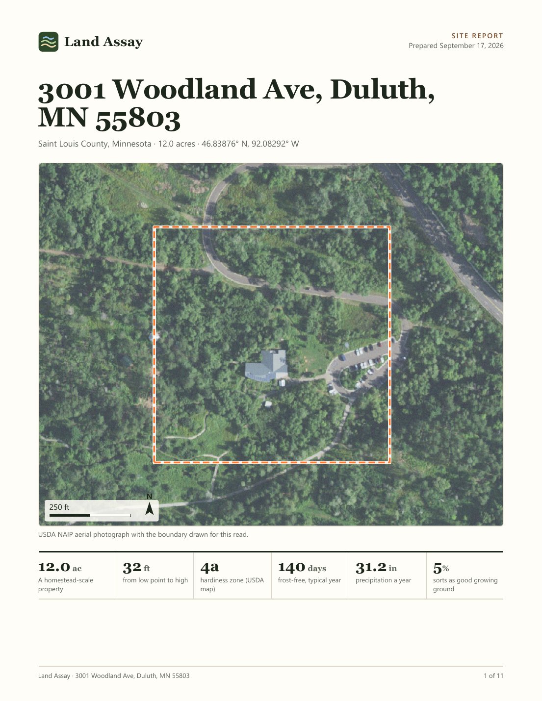 The cover of a sample Land Assay report: an aerial photograph of the site with its boundary drawn, the address as the title, and six headline numbers.