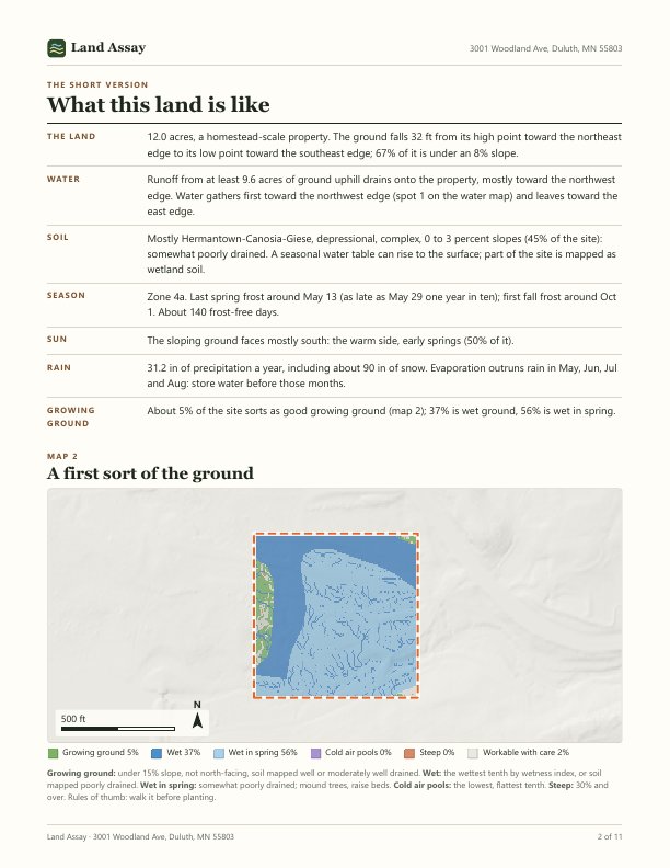 Summary page and a map sorting the ground
