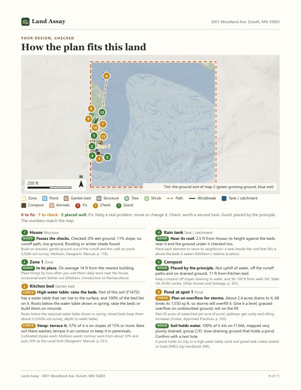 Design check page: the plan drawn on the site with numbered, colour-coded markers and the first findings