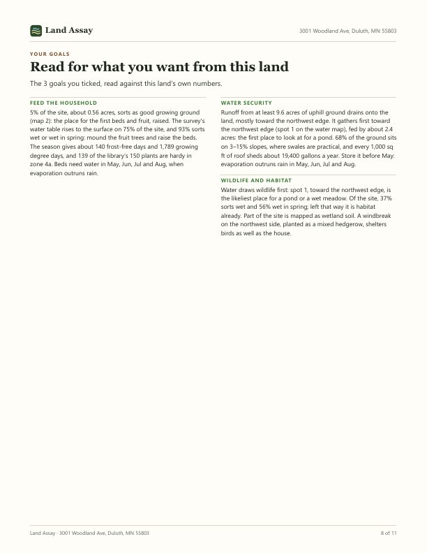 Your goals page: the land read again for feeding the household, water security and wildlife